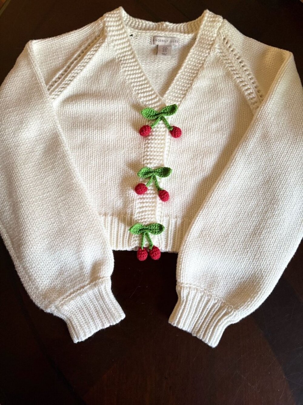 Sincerely Jules Cream Chunky Knit Cropped Cardigan w/ Crochet Cherries - Size M